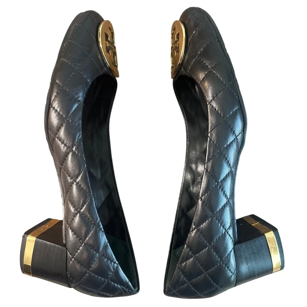 Tory Burch Claire Quilted Block Heel Pumps Black Gold Logo Leather Size 8